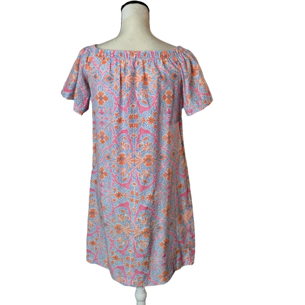J McLaughlin Sz S Marina Off Shoulder Silk Blend Dress Pink Orange Cap Sleeve - Picture 5 of 8
